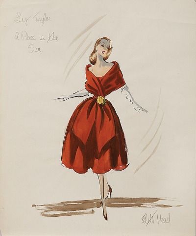 Edith Head Designed Costume for Elizabeth Taylor in A Place in the Sun 1951 Academy Award Winner for Best Costume Design in Black in White Portraits, Fashion, Draw, Model, Sketches Dresses, Dfw, Ilustrasi, Fashion Drawing, Styl