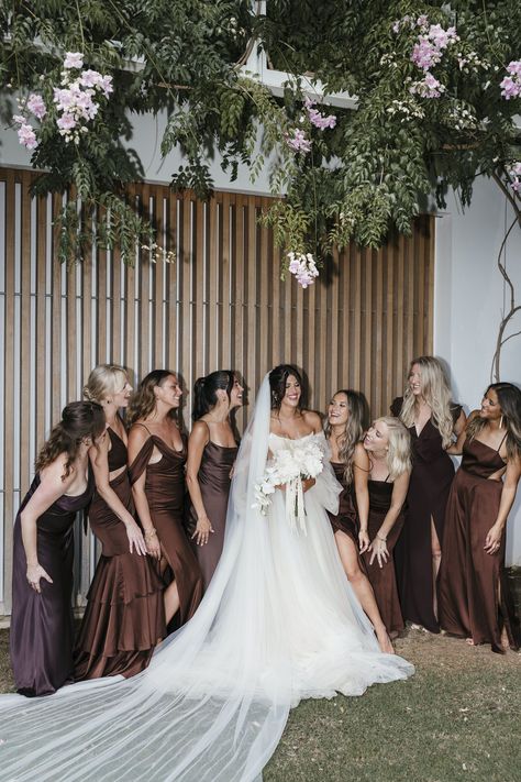 bridesmaids in mix and match brown gowns for an earthy and romantic boho beach wedding in Ibiza Different Brides Maid Dresses, Wedding Brown Bridesmaid Dresses, Mismatch Brown Bridesmaid Dresses, Taupe Brown Bridesmaid Dresses, Bridesmaid Off Shoulder Dress, Brown And Black Bridesmaid Dresses, Coffee Brown Bridesmaid Dress, Natural Colour Bridesmaid Dresses, Bridesmades Dresses Different