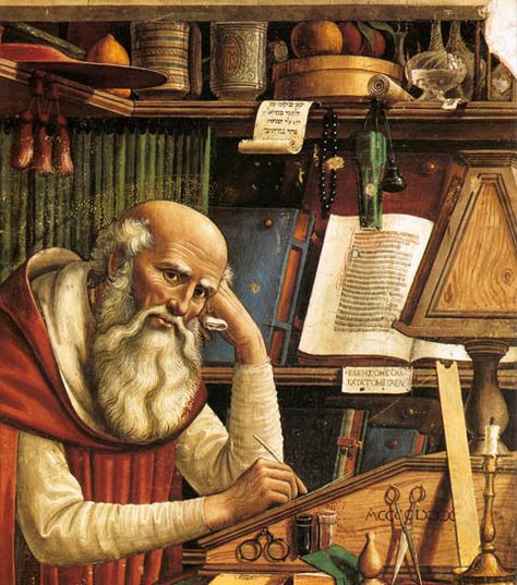 1480 "Saint Jerome in his Study" by Ghiraldaio.  "This contemporary image denotes the importance of eyeglasses in the late fifteenth-century. They were commonly used in art to portray honor and scholarship. This painting also shows how eyeglasses were stored and used, giving a glimpse into the habit of medieval study." History, St Jerome, Jerome, Illuminated Manuscript, Italian Renaissance, Web Gallery Of Art, Medieval Furniture, Medieval Paintings, Art And Architecture