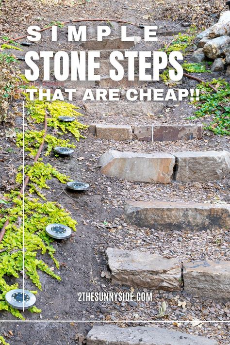 Try our inexpensive outdoor stone landscaping steps idea for your hill or slope. It doesn’t require special tools, just a shovel, rake and a level. This easy DIY can be done on a weekend, and they look so good in a natural setting. Our rock stairs are made with stacked stone pieces and flagstone chips. #outdoorstonesteps #diyoutdoorsteps #landscapesteps #landscapestairs Design, Exterior, Back Garden Landscaping, Outdoor Stone Steps, Sloped Backyard Landscaping, Outdoor Wood Steps, Diy Stone Walkway, Landscaping A Slope, Backyard Landscaping