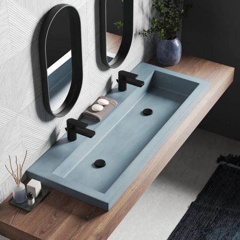 KBIS 2024: Our 13 Favorite Products & Trends | QualityBath.com Discover Bath, Design, Ideas, Trough Sink Bathroom Vanity, Bathroom Sink Vanity, Trough Sink Bathroom, Bathroom Sink Faucets, Bathroom Double Sink, Concrete Bathroom Sink