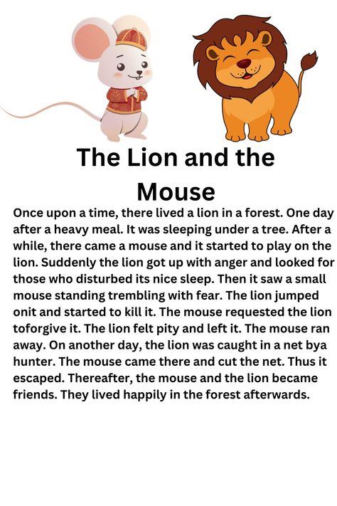 #english Short Story For Kids, Small English Story, Cute Short Stories, Small Stories For Kids, English Moral Stories, Funny Stories For Kids, Lion And The Mouse, Reading Comprehension For Kids, Short Moral Stories