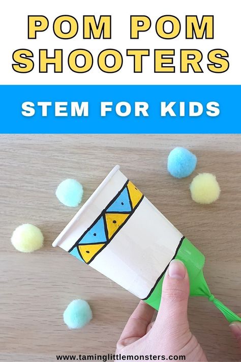 How to Make a Pom Pom Shooter. This is a fun STEM activity for preschool and kindergarten kids to make. #stem #preschool #kindergarten Pre K, Science Crafts For Kids, Kids Stem Activities, Science Activities For Kids, Stem Activities, Enrichment Activities, Steam Activities Elementary, Easy Stem Activities Elementary, Kindergarten Steam Activities