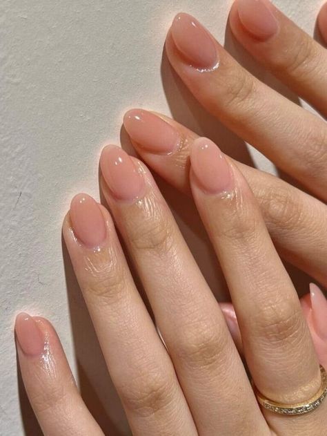 Korean jelly nails trendy summer Peach Colored Nails, Peach Nails, Long Round Nails, Short Round Nails, Short Pink Nails, Short Almond Nails, Short Oval Nails, Pink Gel Nails, Round Nails