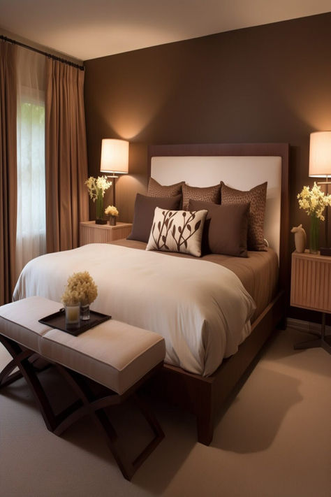 An inviting bedroom with a dark brown color scheme, plush bedding, and elegant furniture. Beige Brown And Green Bedroom, Taupe Color Schemes Bedroom Ideas, Parents Bedroom Color Ideas, Coffee And Cream Bedroom, Bedroom With Brown Bedding, Neutral Color Guest Bedroom, Master's Bedroom Interior Design, Brown Dressing Room, Tan Brown Bedroom Ideas