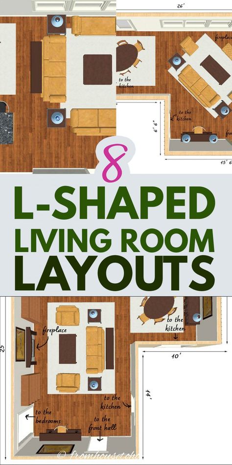 Arranging an L-shaped living room can be tricky. Which is why these 8 L-shaped living room layouts come in super-handy. Whether you have a small living room, large living room or just an awkward living room, you'll find some ideas to help you arrange your furniture. | Living Room Furniture Layout Home Décor, Layout, Design, Storage In Living Room, L Shaped Living Room With Fireplace, L Shaped Living Room Layout, L Shaped Living Room And Kitchen, L Shaped Living Room, Awkward Living Room Layout