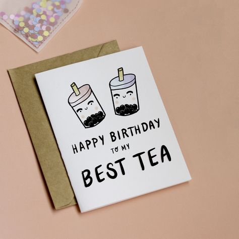 "Send your recipient some snail mail by wishing them a happy birthday with this heavyweight high-quality greeting card featuring an adorably illustrated drawing of two bubble tea buddies paired with original hand-lettering. Printed with archival pigment inks on 120lb. heavyweight matte card stock. ♥ Size: 4.25\" x 5.5\" folded - A2 ♥ Material: Each card is printed on 120lb cover stock and includes a kraft envelope. ♥ Inside: Blank for personalizing with your own message. (Choose to add a custom Birthday Cards For Friends, Funny Birthday Cards, Happy Birthday Cards Diy, Happy Birthday Cards, Happy Birthday Gifts, Birthday Wishes Cards, Happy Birthday Letters, Birthday Cards, Bday Cards