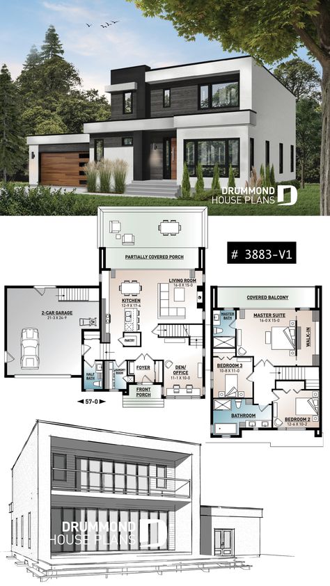 3 to 4 bedroom Cubic style design, home office, lots of natural lights, 2-car garage, unfinished basement Architecture, House Plans, Home Design Plans, Modern House Design, Modern Floor Plans, Modern Garage, Modern Home Plans, Modern Style Homes, Home Design Plan