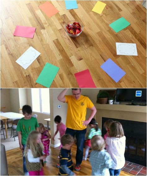 Musical Rainbow Walk game: Cut out square rainbow paper sheets and 2 white “cloud” sheets. Make enough squares for each child. Play some music and when the music stops, the kids stop. Whoever is on the white clouds gets a rainbow candy treat, like Skittles or Starburst. @Marie - Make and Takes Ideas, Pre K, Rainbow Games, Rainbow Party Games, Rainbow Kids, Kids Party Games, Rainbow Paper, Rainbow Parties, Rainbow Theme