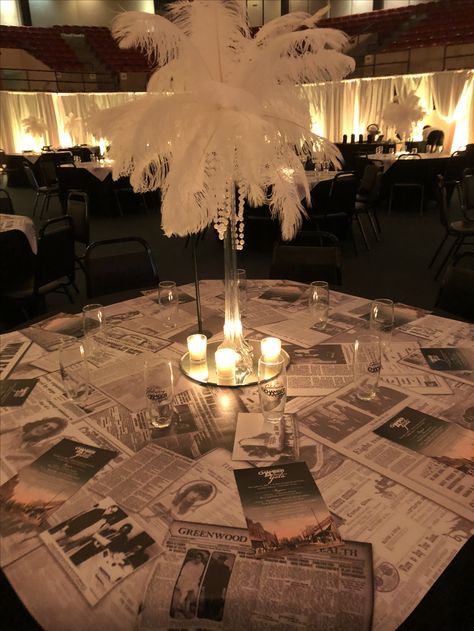 Table Toppers created from newspaper clippings from 1917-2017 for a 100 anniversary gala. Decoration, Vintage Party, Vintage Party Theme, Table Toppers, 1920s Party Decorations, Great Gatsby Party Decorations, 1920s Themed Party, 20s Theme Party, Gatsby Party Decorations
