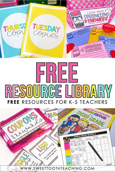 Text reads: Free Resource Library Free Resources for K-5 Teachers with four images surrounding text Teacher Resources, Pre K, Classroom Jobs, Resource Room, Organisation, Classroom Jobs Free, Free Teaching Resources, Resource Teacher, Teacher Created Resources