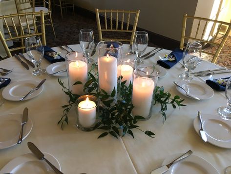 Ruscus greenery centerpiece with assorted pillar candles Wedding Decor, Centrepieces, Floral, Wedding Centrepieces, Parties, Gatsby, Ideas, Greenery Centerpiece, Greenery Wedding Centerpieces