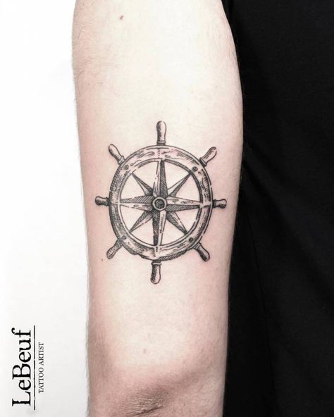 Compass ship wheel tattoo on the back of the left arm. Hand Tattoos, Tattoo Designs, Sleeve Tattoos, Tattoos, Tattoo, Nautical Compass Tattoo, Ship Wheel Tattoo, Ship Tattoo Sleeves, Tattoo Ship