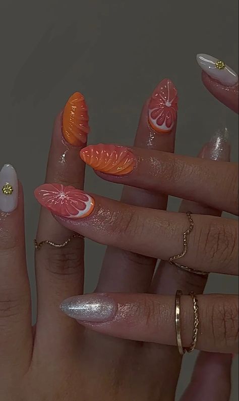 Bohemian Nails, Orange Nail Art, Fruit Nail Designs, 3d Acrylic Nails, Fruit Nail Art, 3d Nail Designs, Hippie Nails, Almond Acrylic Nails, Nail Charms