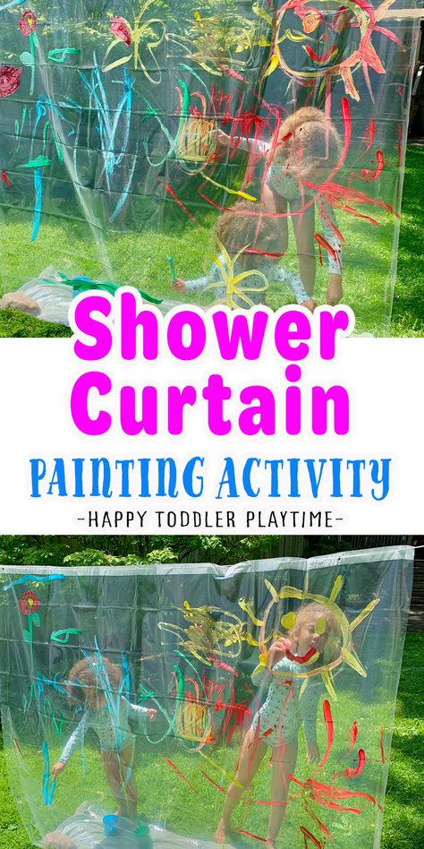 The Best Summer Activity: Shower Curtain Painting - HAPPY TODDLER PLAYTIME Outdoor, Play, Diy, Pre K, Outdoor Games, Daycare Outdoor Activities, Kids Summer Activities Outdoor, Outside Activities For Kids, Outside Kid Activities