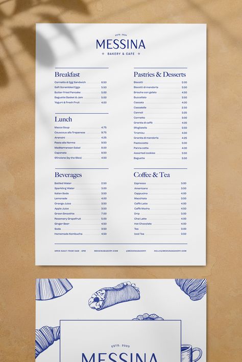 Menu Design for Messina Bakery & Cafe #branding #identity #hospitality #print Menu Cards, Web Design, Menu Design, Menu Design Inspiration, Menu Board Design, Menu Board, Menu Design Template, Menu Design Layout, Cafe Menu Design