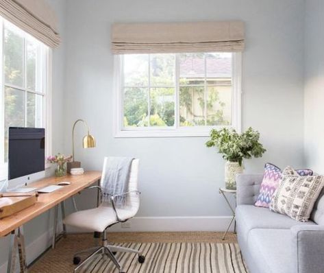 a small yet clean home office with a wooden trestle leg desk by the window and a grey sofa that can become a bed Home, Home Office, Architecture, Home Office Design, Design, Home Office/guest Room, Home Office Space, Home Office Guest Room Combo, Office Guest Room Combo