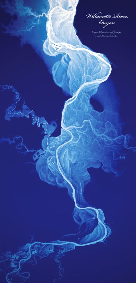 Willamette River, by Daniel E. Coe of the Oregon Department of Geology and Mineral Industries, displays a 50-foot elevation range, with lower elevations shown in white and higher elevations in dark blue. Coe used LIDAR data to make the map; he writes that he was inspired by maps of the Mississippi River made by Harold N. Fisk for a 1944 Army Corps of Engineers study. From Atlas of Design. Abstract Art, Nature, Oregon, Design, Art, River, Water Art, Map Art, Abstract Artwork
