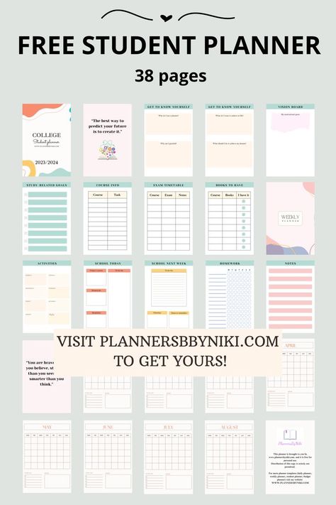 Free undated printable student planner. If you're a college student, then this planner is for you. This 38-page student planner template will help you organize your studies and your life. It includes: study-related goals, study planner, daily planner, weekly planner, monthly planner, exam timetable. Organisation, Studying Timetable, Student Planner, Study Timetable Template, Weekly Planner Template, Monthly Planner Template, Timetable Planner, Goal Planner Free, Digital Student Planners
