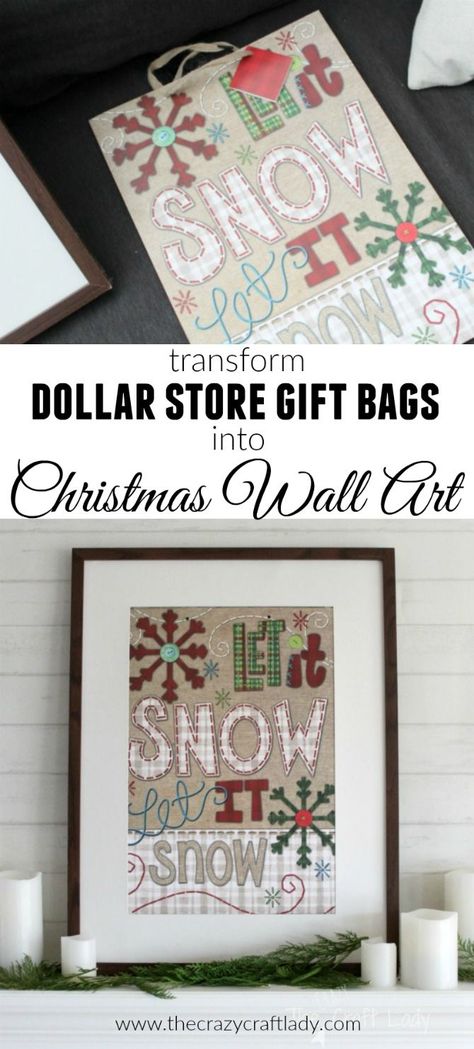 Dollar Store Christmas Decorations - how to make easy seasonal wall decor with dollar store gift bags Diy, Decoration, Dollar Store Christmas Decor, Dollar Store Christmas Decorations, Dollar Tree Christmas, Dollar Store Christmas, Christmas Decor Diy, Diy Christmas Decorations Easy, Christmas Bags