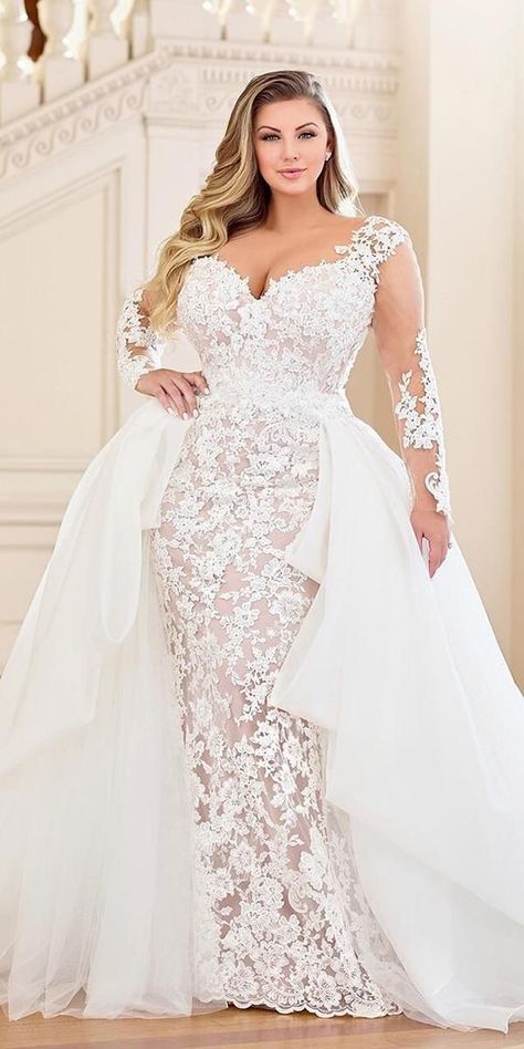 33 Plus-Size Wedding Dresses: A Jaw-Dropping Guide ❤️ plus size wedding dresses sheath with illusion long sleeves lace overskirt martin thornburg #weddingforward #wedding #bride Wedding Dresses, Wedding Dress, Wedding Gowns, Plus Wedding Dresses, Wedding Dresses Plus Size, Fitted Wedding Dress, Wedding Dress Train, Detachable Train Wedding Dress, Wedding Dresses Lace