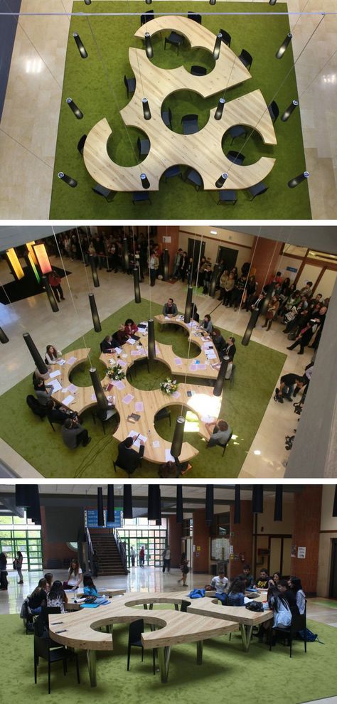 Menéndez and Gamonal Arquitectos have designed large meeting/gathering table inspired by an artists palette, for the Classroom Building in the Milan Campus at Oviedo University in Asturias, Spain. Architecture, Interaction Design, Studio, Gathering Space Architecture, Commercial Interiors, Exhibition Design, Commercial Design, Workplace Design, Office Table Design