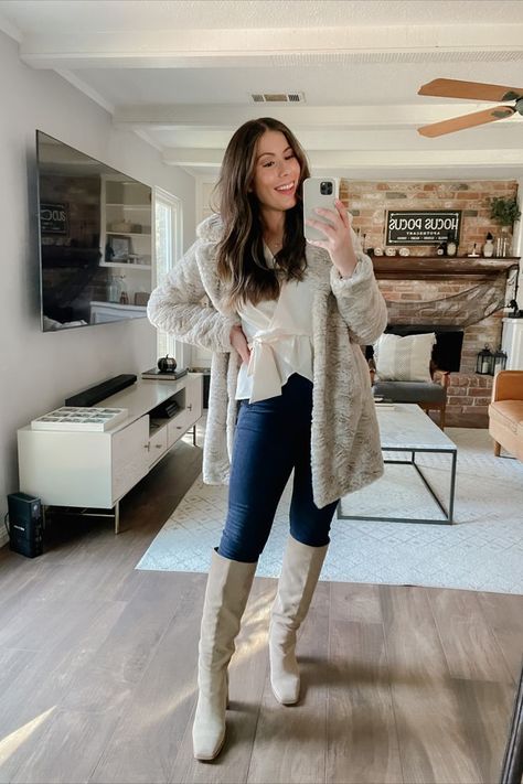 winter knee high boots Outfits, Beige Knee High Boots, Fall Boots Outfit, Cream Knee High Boots, Knee High Boots Outfit Fall, Beige Knee High Boots Outfit, Slouch Boots Outfit, Winter Boots Outfits, Tall Boots