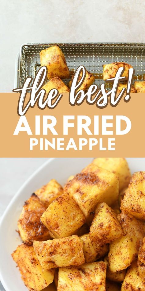 Air Fryer Pineapple (Like Brazilian Grilled Pineapple). The sweetness of the pineapple paired with the brown sugar, cinnamon, nutmeg, and butter make this dish taste like you're eating Brazilian Grilled Pineapple. Plus, it's a breeze to make – just cut up your pineapple, toss with 4 simple ingredients, and throw it in the air fryer! Once done, the pineapple is some of the BEST you can make right in the comfort of your own home! via @sizzlingeats Essen, Grilled Pineapple, Air Fried Food, Air Fryer Healthy, Air Fry Recipes, Air Fryer, Easy Air Fryer Dinner, Air Fyer Recipes, Easy Air Fryer Meals Healthy