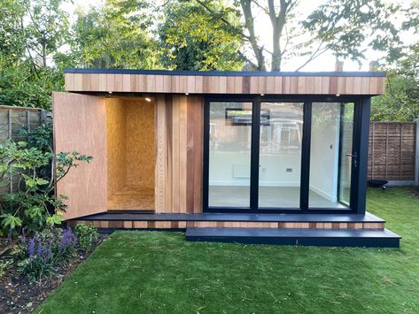 The key feature of the office space is the corner of floor to ceiling glazing Shed With Office Space, Garden Office With Shed, Garden Office And Shed, Glass Shed House, Garden Office With Storage, Garden Office Layout, Outdoor Office Space Patio, Outdoor Shed Office, Garden Shed Office