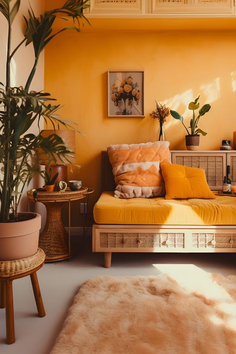 Bright and inviting boho living room featuring wicker furniture, orange couch cushion, accent pillows, green plants, and a fluffy orange rug, bathed in natural daylight. Boho, Interior, Home Décor, Orange Room Decor, Living Room Decor Orange, Orange Couch, Boho Living Room, Orange Rooms, Orange Home Decor