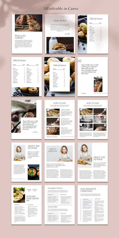 Recipe Ebook template Canva | customizable cookbook Lead magnet Cover | opt-in freebie bundle | E-book food blogger | Marketing Design Want to grow your email list? You could take the recipe you make every day for your family and tern it into an Ebook and share it with the world! Create your own Recipe book with this easy-to-use Canva e-book template. Use it to save your favorite family recipes or as a lead magnet to get more customers! Plus free bonus, I included 16 absolutely free promotional Layout, Instagram, Editorial, Web Design, Cookbook Design Layout, Recipe Book Design, Recipe Book Templates, Digital Recipe Book, Cookbook Design