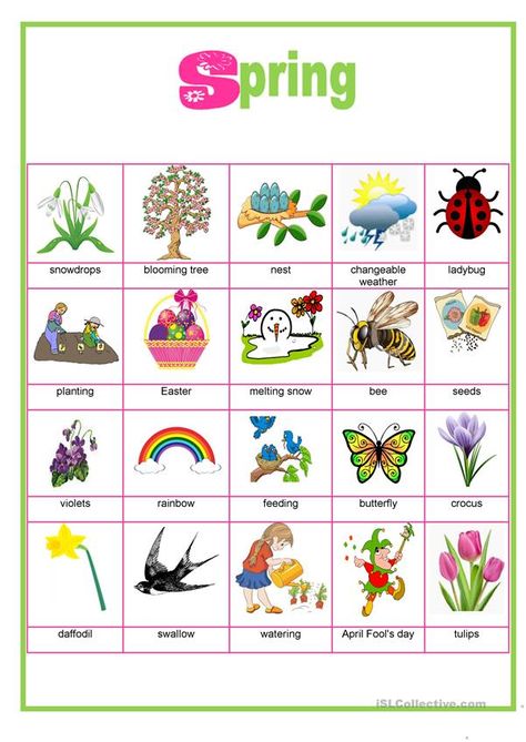 Picture dictionary - Spring - English ESL Worksheets for distance learning and physical classrooms Teaching English, English Activities, Dictionary For Kids, Seasons Worksheets, Learn English, Worksheets For Kids, Spring Worksheets Kindergarten, Lessons For Kids, Reading Ideas