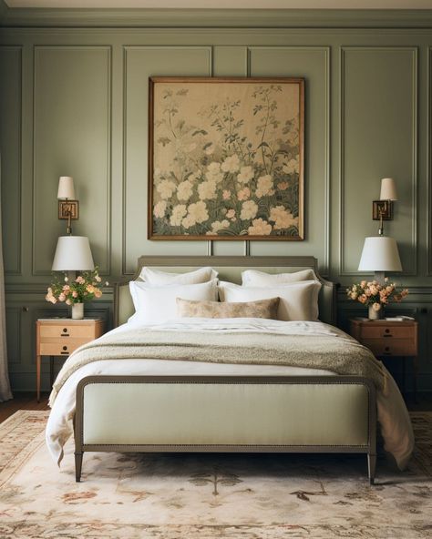 Home, Home Décor, Bedroom Trends, Master Bedrooms Decor, Bedroom Colors, Bedroom Styles, Bedroom Makeover, Green Master Bedroom, Master Bedroom