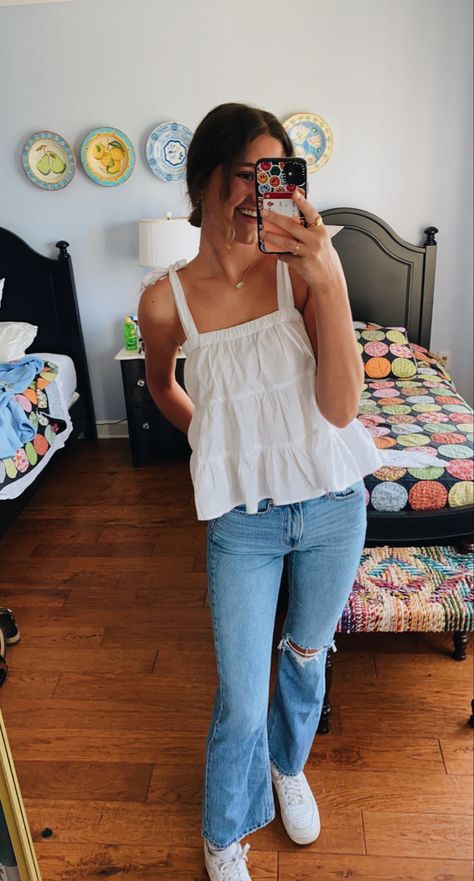 cute flare jean outfit with white tie tank top Wardrobes, Senior Pics, Outfits, Jeans Tank Top, Cute Tank Top Outfits, Summer Tank Top Outfits, White Tank Top Outfit, Tank Top Outfits, White Tank Jeans