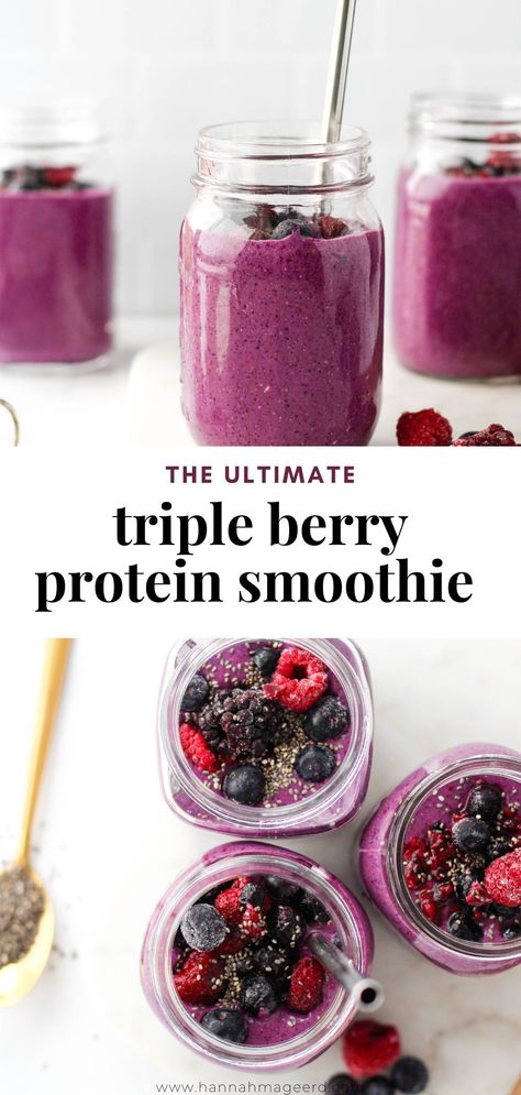 This Berry Protein Smoothie is a great healthy breakfast or snack when you need something quick, tasty and nutritious! Packed with antioxidants as well as fibre, protein, and healthy fat to keep you going. #berryproteinsmoothie #berrysmoothie #tripleberrysmoothie #proteinsmoothie #postworkout #healthybreakfast #healthysnack #smoothierecipe Smoothies, Berry, Protein, Desserts, Protein Powder Smoothie, Protein Smoothie Recipes, Protein Fruit Smoothie, Protein Smoothie Recipes Healthy, Protein Shake Smoothie