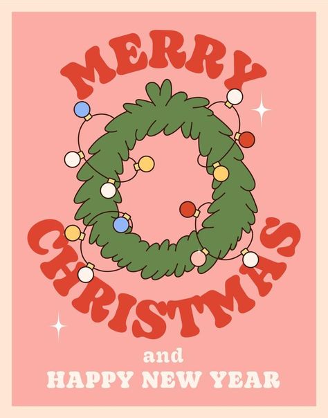 Merry Christmas and Happy new year. Hippie groovy poster with spruce wreath and garland. On trendy style with a 70's vibes. Natal, Ipad, Christmas Poster, Merry Christmas Wallpaper, Merry Christmas And Happy New Year, Merry Christmas Poster, Happy Merry Christmas, Cute Christmas Wallpaper, Merry Christmas