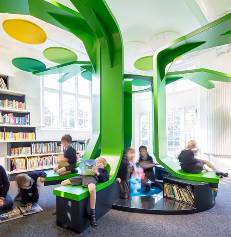 From a story garden in Cornwall to hexagonal towers in Los Angeles, we look at inventive spaces designed to get children excited about books Interior, School Architecture, School Library Design, School Interior, Classroom Design, Library Design, School Library, School Design, Kindergarten Interior