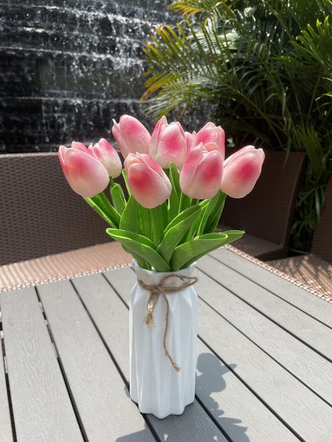 PRICES MAY VARY. Natural and realistic tulips: This Faux Tulips artificial flowers are petal texture clear natural,soft thick and elastic texture,delicate and realistic texture. The stems and leaves are green,the flowers are bright,exuding a strong breath of love and life. Material:They're PU material as opposed to plastic, artificial tulips buds and leaves are made of high quality PU (poly urethane), which makes them looks like a tulips fresh flowers. Steel wire inside of the real touch tulips' Pink, Bouquets, Ideas, Floral, Artificial Flower Arrangements, Flower Arrangements, Pink Tulips Bouquet, Tulip Bouquet, Flowers Bouquet