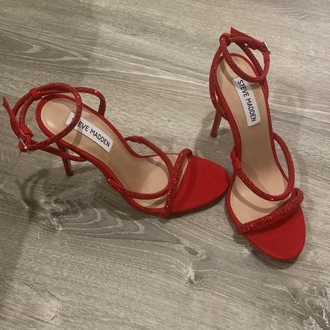 STEVE MADDEN red heels, size 7 Red Heels Glitter, Red Heels With Rhinestones, Red Sparkle Heels, Shoes For Red Prom Dress, Heels For Red Dress Prom, Steve Madden Red Heels, Prom Shoes For Red Dress, Red Quince Shoes Heels, Red And Black Wedding Shoes