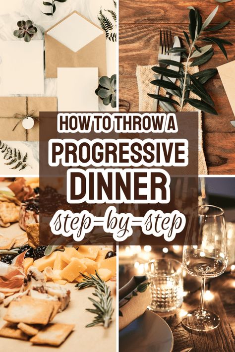 How To Plan A Progressive Dinner Party Step By Step - this neighborhood party idea or family themed party is a fun way to have different party hosts. Here's how to set up a strolling supper (progressive cocktail parties) step by step with fun party theme ideas too! #walkingsupper #strollingdinner #progressiveparty #dinnerpartyideas #dinnerpartythemes #adultpartytheme Progress, Dinner, Dinner Plan, Holiday Dinner, Dinner Party, Dinner Themes, Holiday Dinner Party, Christmas Dinner, Dinner Party Themes