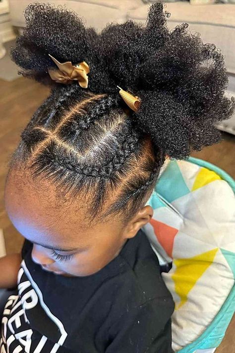 Cute Braided Updo with Double Afro Puffs and Golden Bows for Black Girls Kids Curly Hairstyles, Kids Hairstyles Girls, Toddler Braided Hairstyles, Toddler Hairstyles Girl, Kids Hairstyles, Natural Hairstyles For Kids, Easy Hairstyles For Kids, Black Kids Hairstyles, Girls Hairstyles Braids