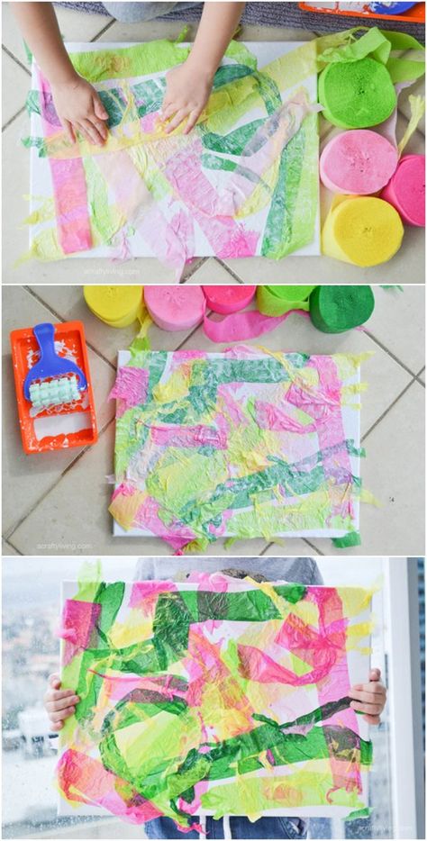 Easy Crepe Paper Canvas Art with Kids. Beautiful and colorful art you can make with toddlers, preschoolers and young children. Diy, Crafts, Pre K, Kids Art Projects, Preschool Art Projects, Rainbow Crafts Preschool, Preschool Artwork, Art For Toddlers, Preschool Crafts