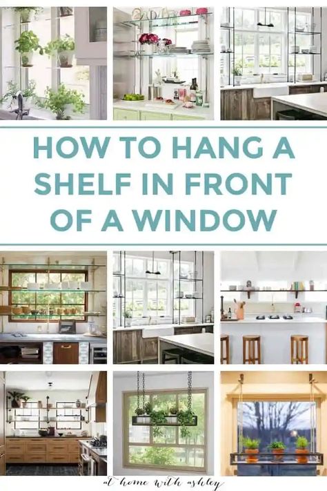 How to hang a shelf in front of windows or glass. This works for storage on open sheling with ideas for hanging shelves or a ceiling rack and is perfect in a kitchen, living room, she shed, or bar. It's great for holding shelves and I share a diy tutorial for how to make one Ikea, Windows, Home, Home Décor, Shelf Over Window, Shelves In Front Of Kitchen Window, Diy Window Shelf, Window Shelves For Plants, Window Shelves