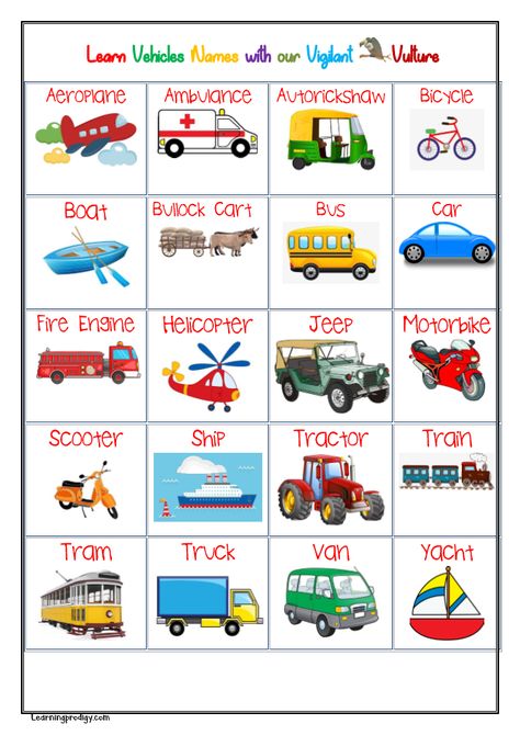 Vehicles Chart Can we all imagine a word without vehicles. More than comfort now having a vehicle has become a necessity. Vehicle is something with engine, motor and tire, which is used for moving people and goods from one place to another.  Generally,  the term vehicle is used for land transport alone, but we include everything which is used for transportation as vehicles. . . . Explore learningprodiygy.com for more charts Transportation For Kids, Transportation Chart, Vehicles, Transportation Preschool Activities, Road Transport, Vehicle, Kids Learning Charts, Kids Learning, Kids Education