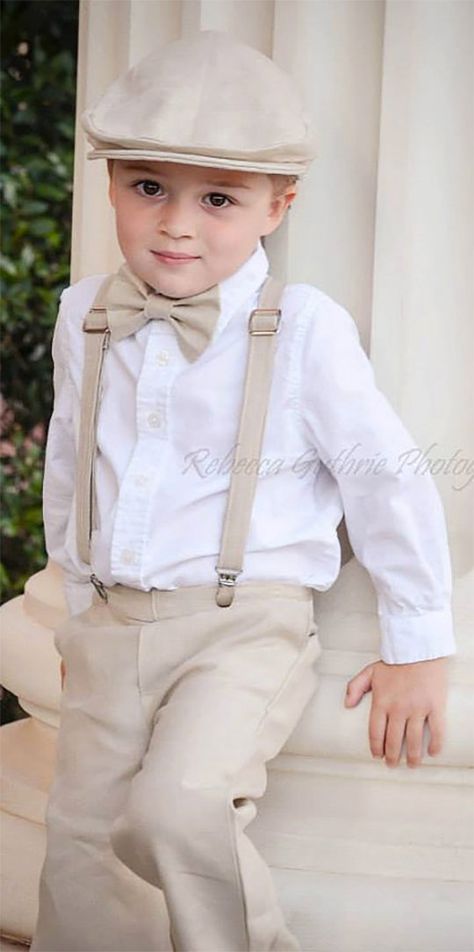 Cute and sophisticated country suspenders and bowtie complete this ring bearer's look. Scroll to number 8 on the page. Kids Fashion, Boy Outfits, Shorts, Groom And Groomsmen, News Boy Hat, Bearer Outfit, Bestman, Kleding