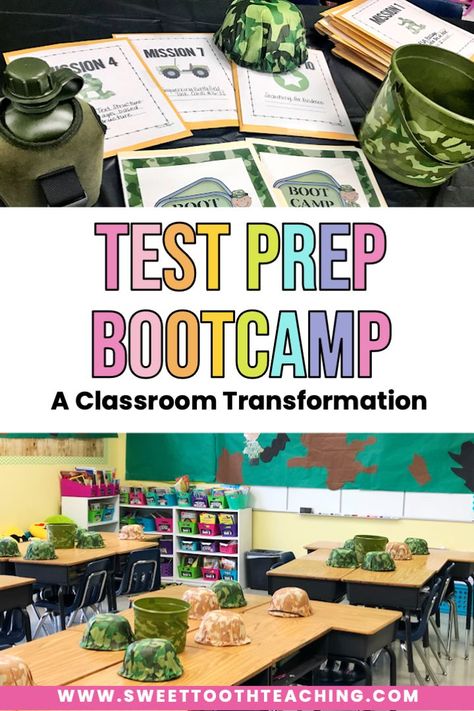 An engaging classroom transformation perfect for test-prep season! Students will navigate different 'missions' as they review important skills and testing strategies to prepare for their standardized state test. Create a fun and positive learning environment for your students with this easy bootcamp classroom transformation! Teaching, Test Prep Bulletin Board, Test Taking Skills, Standardized Testing Prep, Social Studies Classroom, Classroom Transformation, Fun Test, Missions, 2nd Grade