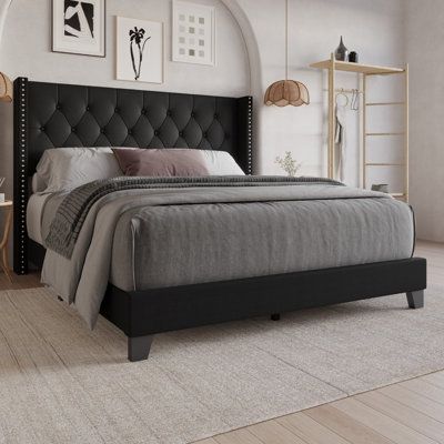 Enhance your bedroom with this tufted upholstered panel bed to bring your bedroom an elegant and contemporary style Size: Twin, Color: Black | Winston Porter Lauden Bed Upholstered / Polyester in Black | 48.4 H x 44.5 W x 82.1 D in | Wayfair Design, Inspiration, Decoration, Platform Bed Frame, Bed Frame Mattress, Upholstered Platform Bed, Platform Bed, Headboards For Beds, Bedroom Headboard