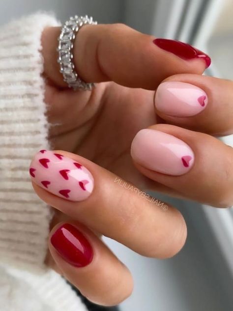 Milky white and red short nail designs with hearts for Valentine's Day Holiday Nails, Manicures, Nail Designs, Nail Art Designs, Shellac, Nail Ideas, Nail Designs Valentines, Nails For Valentines Day, Trendy Nails