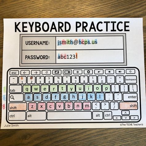 Chromebook Keyboard Printable Practice Sheets for students to practice logging in with their usernames and passwords. Pre K, Worksheets, Computer Lessons, Technology Lessons, Computer Basics, Elementary Computer Lab, Computer Lab Lessons, Teaching Computers, Typing Lessons