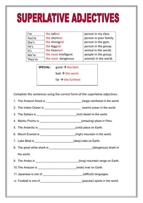 English, Worksheets, Superlative Adjectives, Fun Questions To Ask, Adjective Worksheet, Learn English Grammar, Learn English, English Grammar Quiz, Grammar Exercises